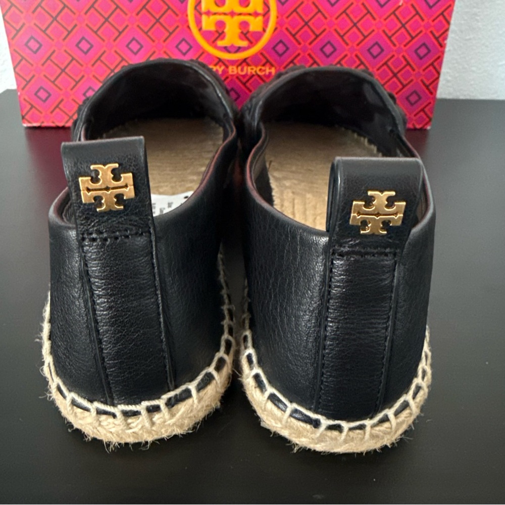 NEW Tory Burch Everly Black Leather Crochet Espadrille Flat Slio On - Picture 5 of 13